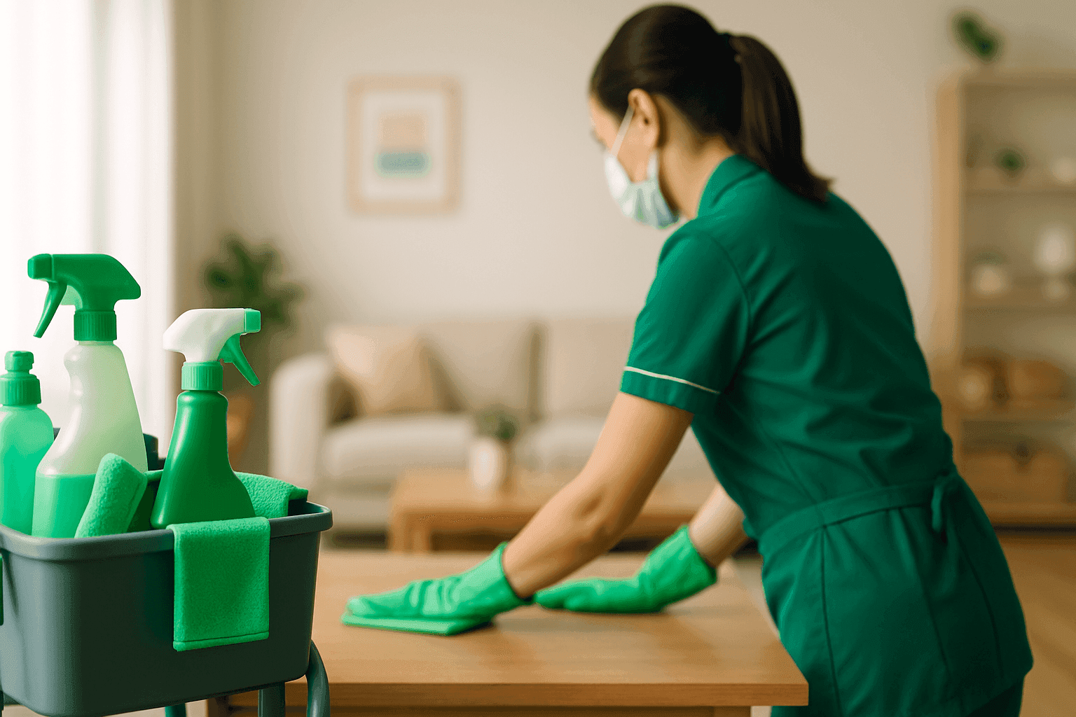 Professional maid dusting wooden surface in bright, tidy living room with cleaning cart
