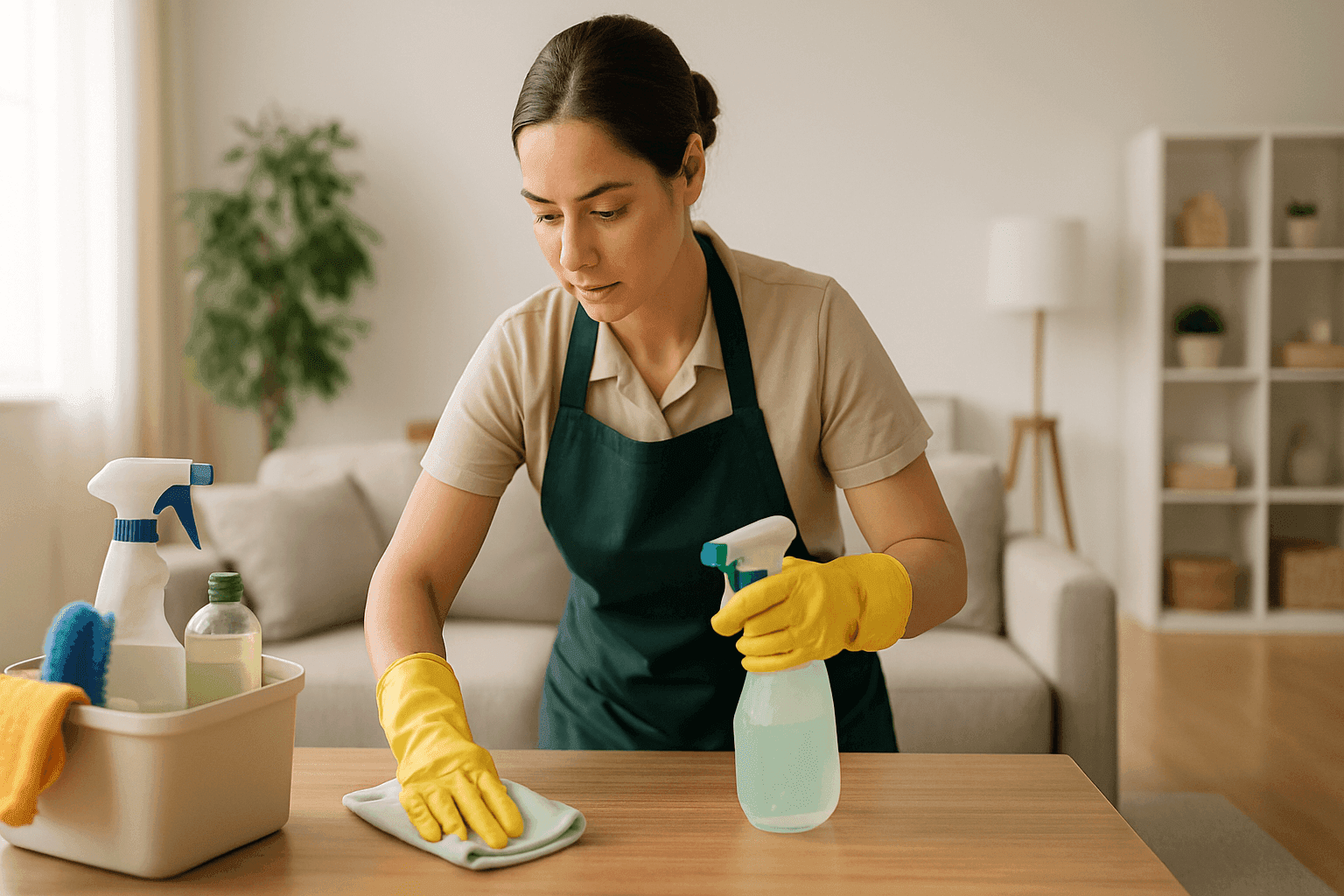 Professional maid cleaning a bright, modern living room with organized cleaning supplies