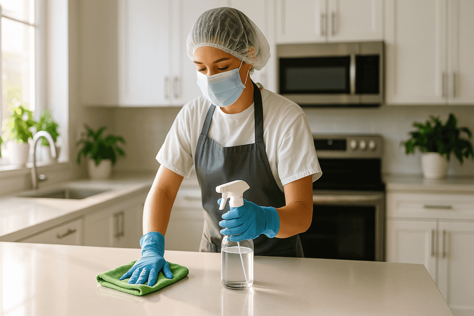 Professional cleaner using eco-friendly products in a sunlit home kitchen